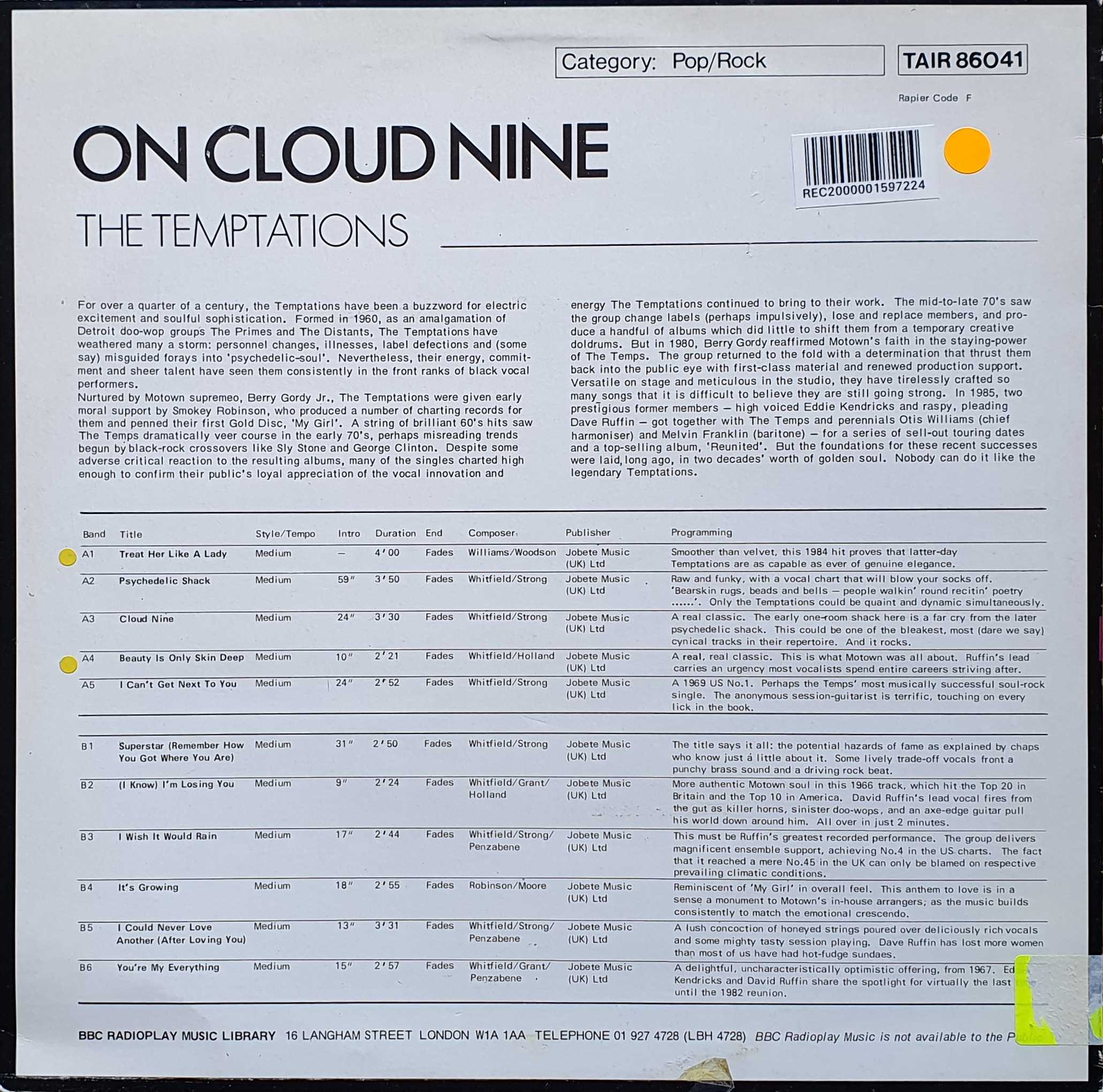 Picture of TAIR 86041 On cloud nine by artist The Temptations from the BBC records and Tapes library